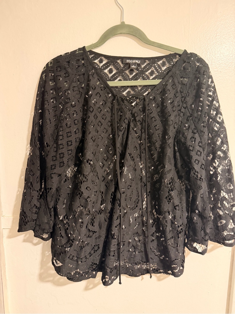 Roz & Ali Black Lace Tie-Neck Blouse